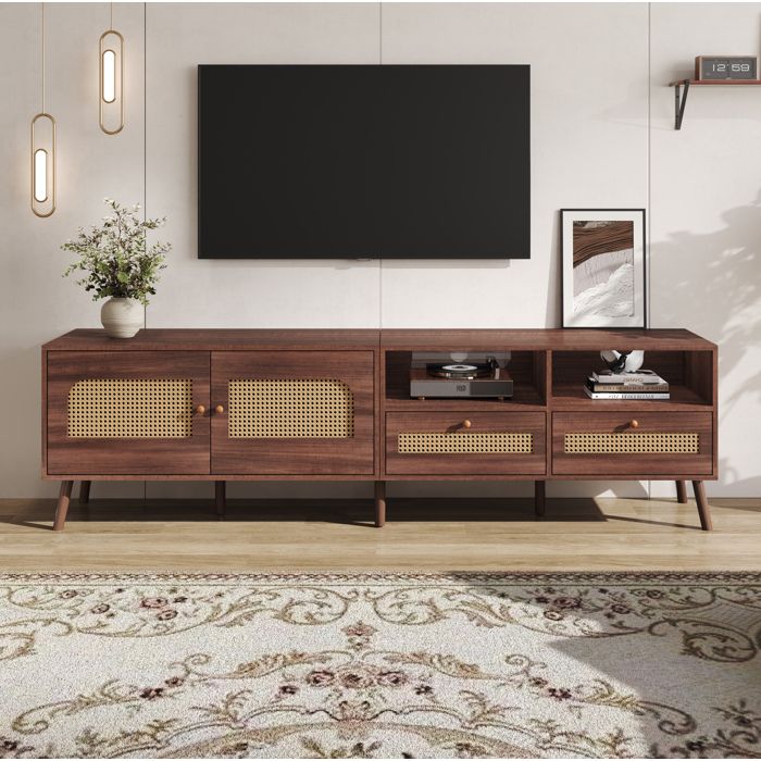 Meuble TV 200cm Marron Foncé En Rotin Banc TV Vintage FloraGrace Pour Salon 2 Portes 2 Tiroirs 200x37x49 5cm