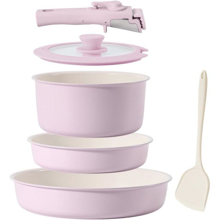 Lot de 6 ustensiles de cuisine en céramique avec revêtement anti-adhésif et poêle rose