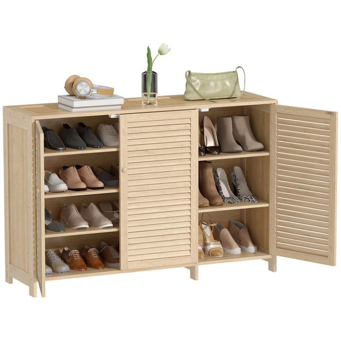 Meuble à chaussures - HOMCOM - 18 paires - portes persiennes et étagères réglables - bambou - 120x35x80cm - bois naturel Meuble à chaussures - HOMCOM - 18 paires - portes persiennes et étagères réglables - bambou - 120x35x80cm - bois naturel
