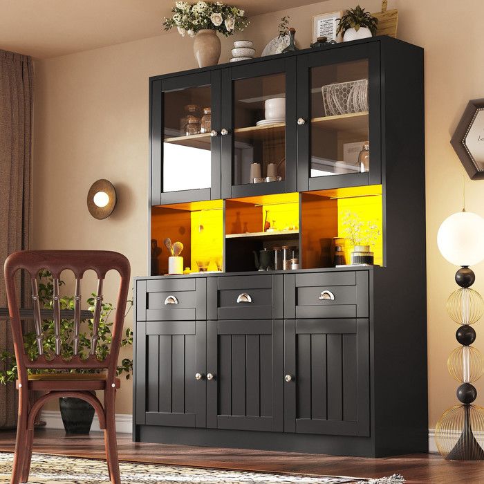 Armoire de cuisine - Armoire haute de cuisine noire en MDF - 140 x 40 x 175 cm - Éclairage LED multifonction - Étagères réglables
