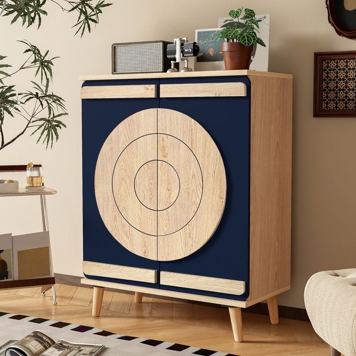 Meuble à chaussures moderne 4 portes rangement à plusieurs niveaux portes rondes entrée 76x37x98 5cm bleu et bois naturel