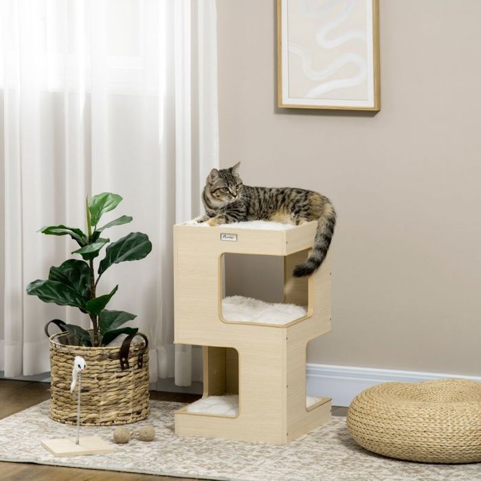 Tonne à chat grotte pour chat 2 niveaux avec jouet 34 cm x 34 cm x 60 cm naturel + gris clair Tonne à chat grotte pour chat 2 niveaux avec jouet 34 cm x 34 cm x 60 cm naturel + gris clair