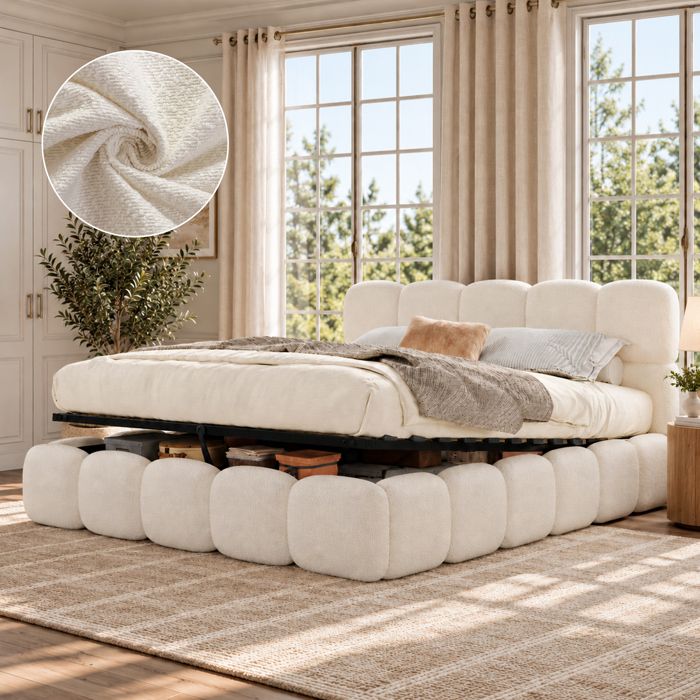 Lit rembourré 200 x 200 cm lit de rangement fonctionnel à mécanisme lit avec sommier à lattes tête de lit blanc bouclé