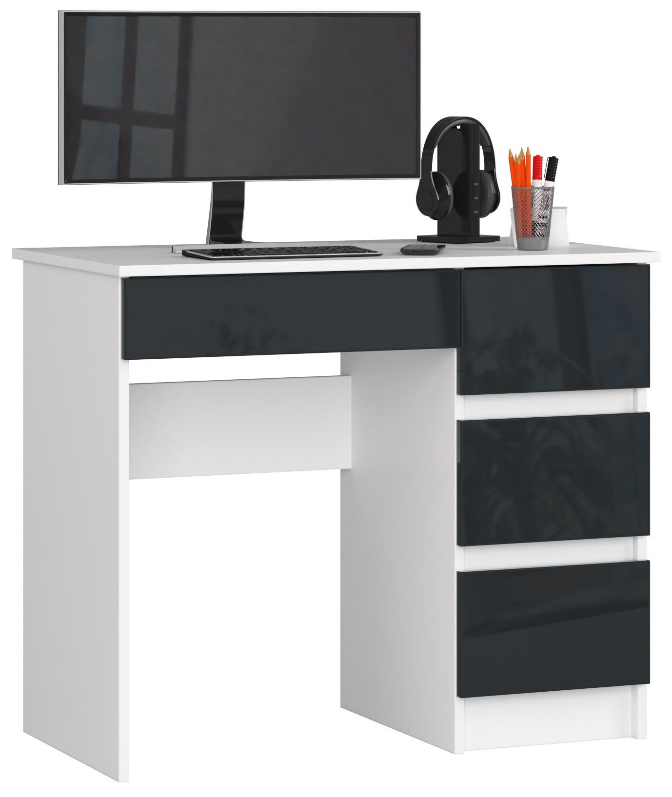 bureau informatique akord droit a7 blanc 90 cm bureau d'ordinateur (4) tiroirs couleur graphite brillant