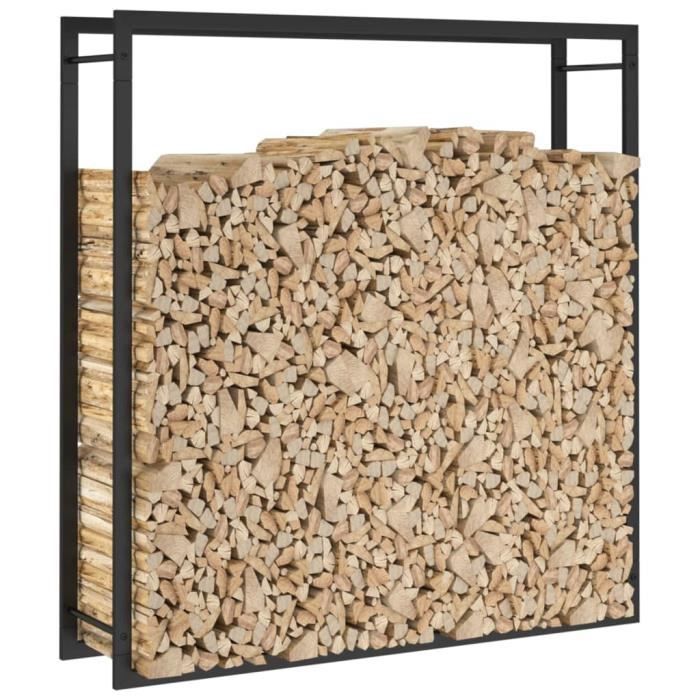 Range Bûches Horizontal Detroit IDMarket - Porte Bûches Acier Noir Design Industriel Avec Plateau Effet Bois