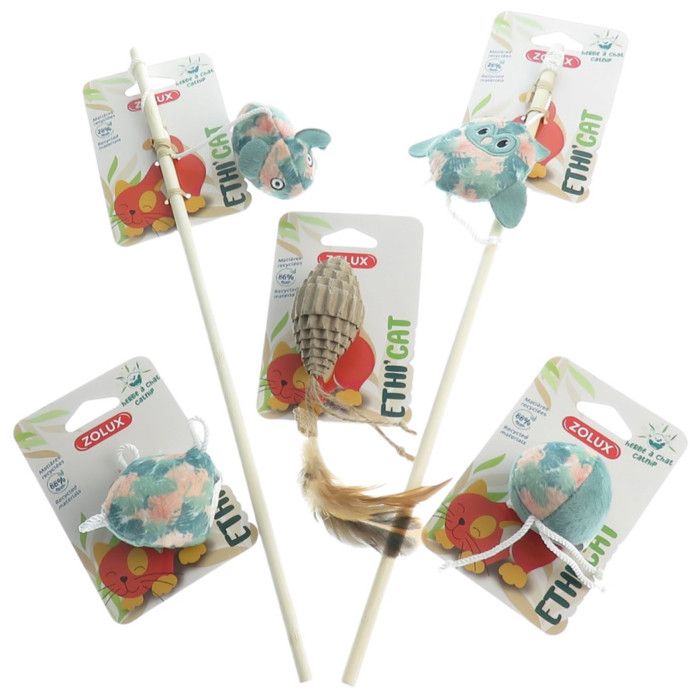 2 cannes à pêche tissu feuille vert et 3 jouets jouet pour chat - animallparadise