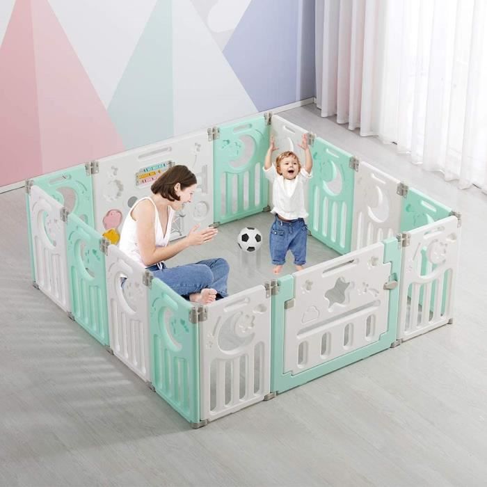 Parc Bébé,Barrière de Sécurité Portail Parc,Parc Bébé Pliable avec Panneau de Jeu,14 Panneaux,Vert et Blanc