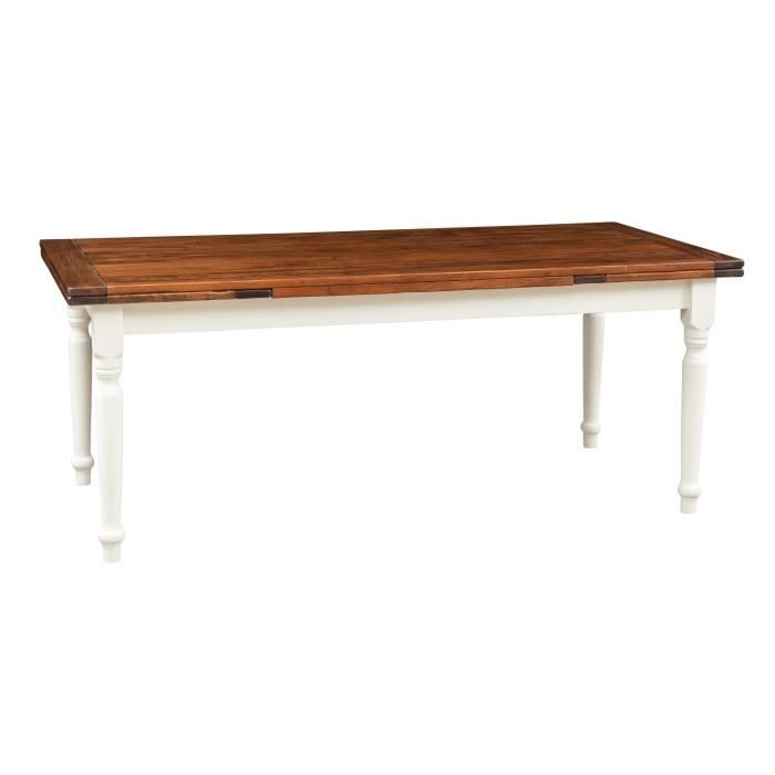 table à rallonge style champêtre en bois massif structure blanche vieillie sur plan en noyer l200xpr90xh80 cm