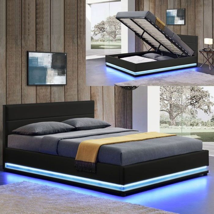Lit Led Avec Coffre De Rangement Ava 180x200 Noir Achat