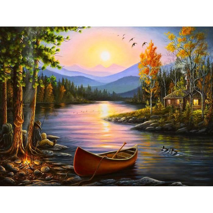 Peinture Diamant 5D Chalet De Rivière 30x40cm - Kit Complet Broderie Diamond Painting