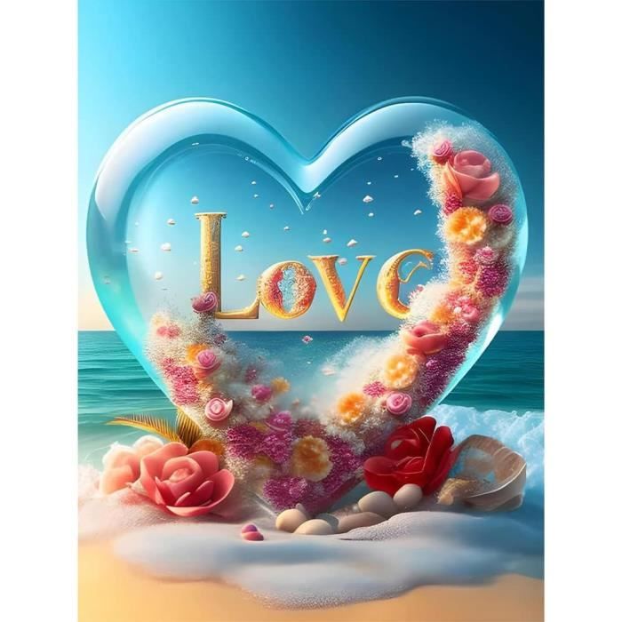 QENSPE 5D Peinture Diamant Adulte, Plage Diamond Painting Complet Cœur Fleurs Diamant Kit Enfants, Diamant Strass Point De Croix Cristal Painting Pour Murale Décoration 30x40cm