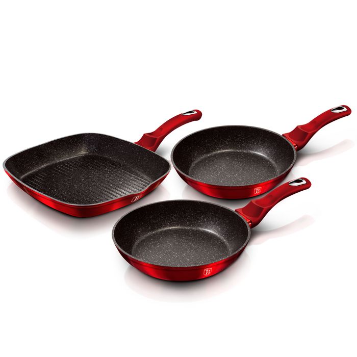 Set de 2 Poêles à Frire 1 Grill Induction 20-24-28cm Aluminium Antiadhésif Berlinger Haus Burgundy  Rouge