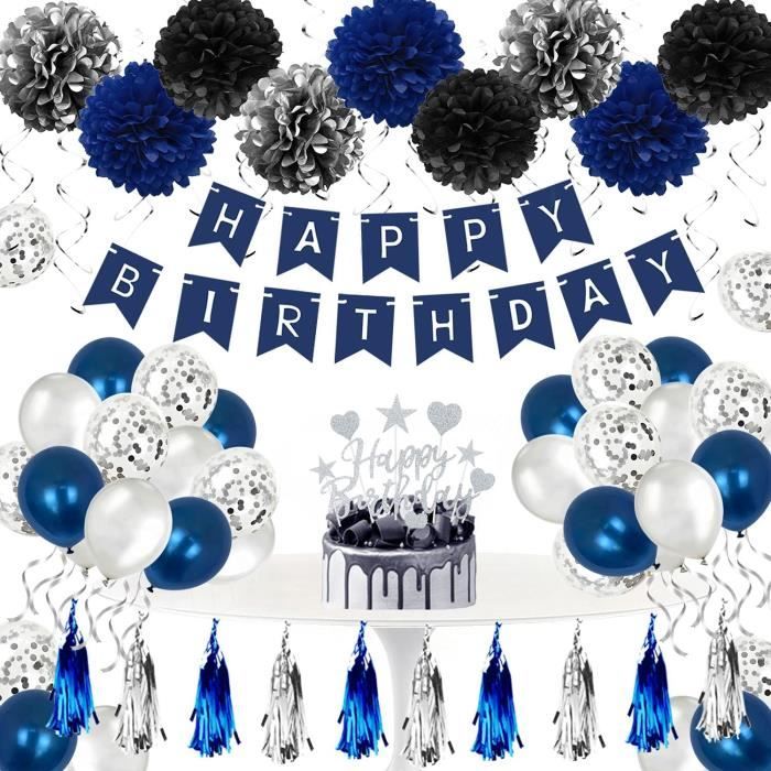 Déco Anniversaire Bleu 14 Pièces - Bannière Happy Birthday, Guirlandes, Pompons - Meowoo - Enfant
