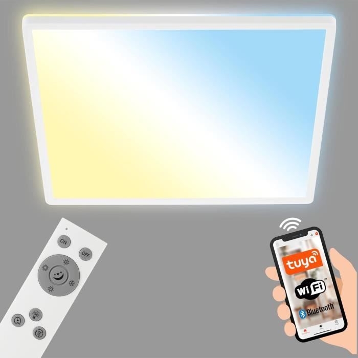 Plafonnier LED Intelligent Connecté - 45x45cm, Commande Par Alexa/appli/télécommande, Blanc Chaud à Froid Réglable, 2500 Lumens - Pour Salon, Chambre, Couloir