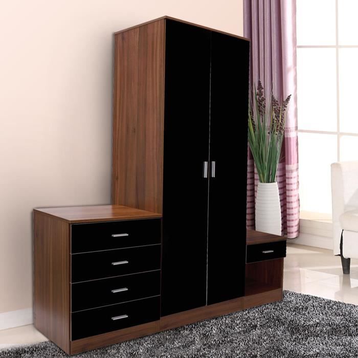 Ensemble meubles de chambre : armoire penderie, commode et chevet noir