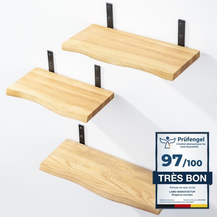 LAMO MANUFAKTUR 140cm Étagère murale en bois massif - rangement - industriel - bord naturel - vendue seule - noisette - Maison