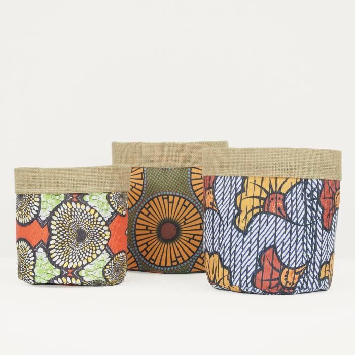 3 Cache-Pots Plantes D18/20/22cm - Décoration Intérieur Maison Bureau Wax - Pot de Fleur / Panier de Rangement Jute et Tissu - SAORI