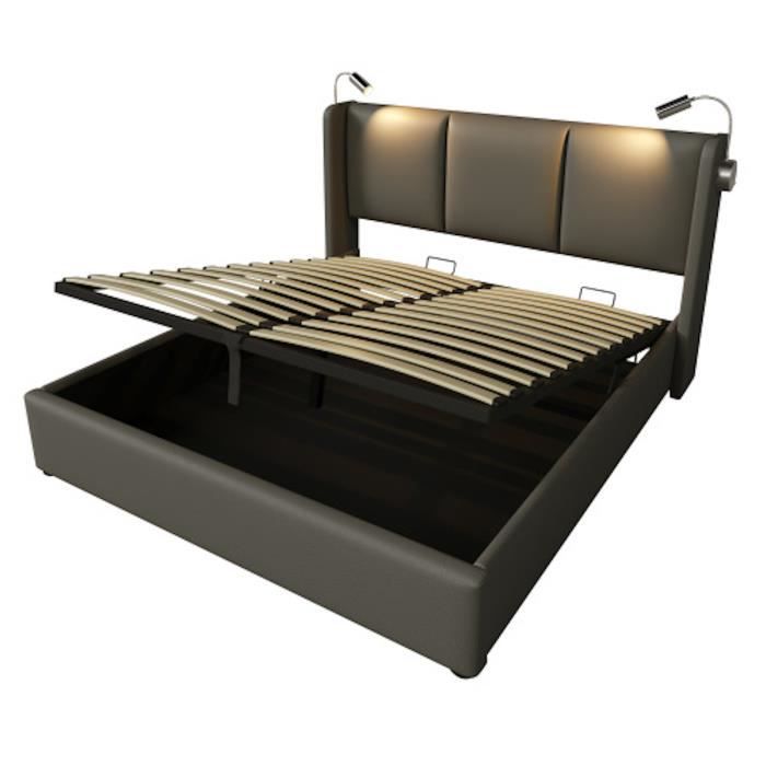 Lit coffre - LUNEX HOME - 160 x 200 cm - Simili-cuir gris - Tête de lit réglable - Charge USB