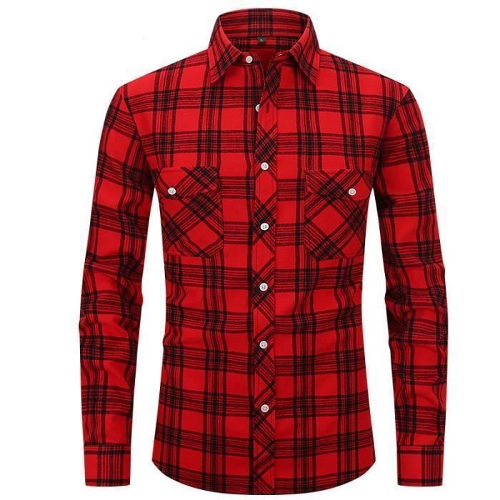 Chemise en Flanelle Homme a Manches Longues Chemise Carreaux Avec Poches Tissu Confortable US Taille Noir rouge