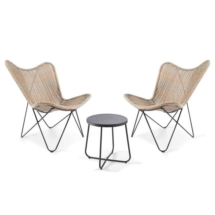 Ensemble de 2 chaises de jardin et une table basse - Résine tressée - Oviala - Blanc