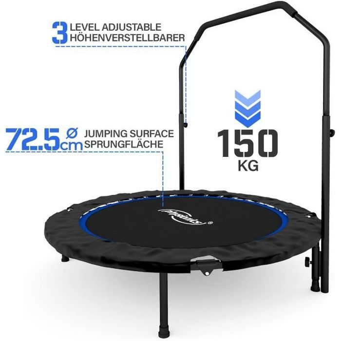 Physionics® Mini Trampoline Fitness - Pliable, Barre Réglable, Ø 101 cm, Usage Intérieur/Extérieur - Trampoline de Gym, Aérobic