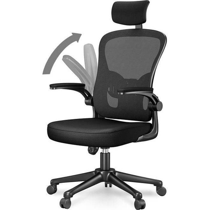 Fauteuil de bureau ergonomique en maille , chaise de bureau inclinable à  haut dossier, appui-tête ajustable,accoudoir 2D reglables, noir