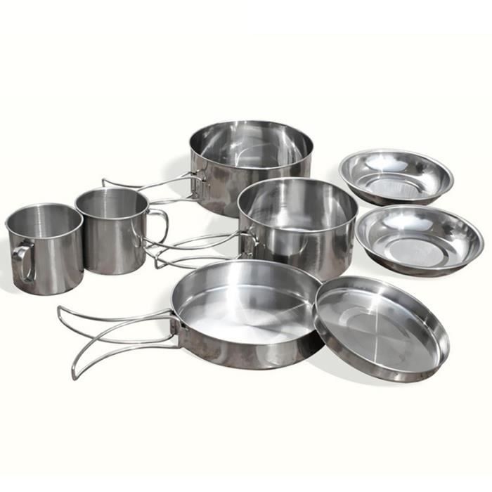 Set Kit De Casserole De Pique-Nique en Plein Air en Acier Inoxydable Assiette De Cuisine Et Bol Kit De Batterie De Cuisine De Camping-Camping Portable pour Randonn/ée MAGT 8pcs