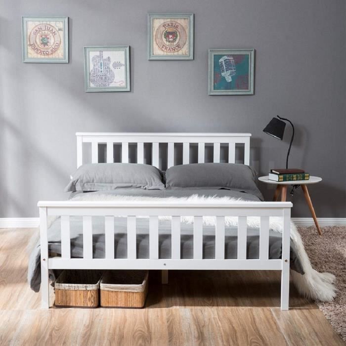 Lit double 140 x 200 cm massif avec sommiers à lattes pour adultes enfants adolescents blanc Lit double 140 x 200 cm massif avec sommiers à lattes pour adultes enfants adolescents blanc