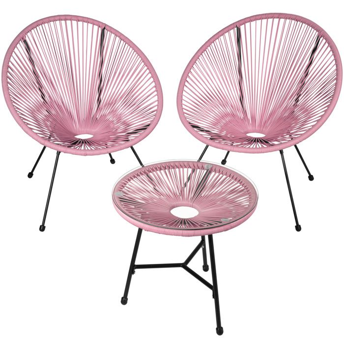 Ensemble Salon De Jardin Acapulco - 2 Fauteuils œuf + Table Basse Verre - Acier Laqué époxy - Pour Terrasse, Balcon, Intérieur