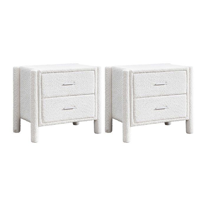 Lot de 2 tables de chevet avec 2 tiroirs - Tissu bouclette - Blanc - CONOMO