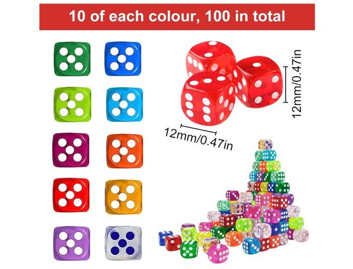 Des A Jouer Lot De 100 Dés Multicolores 12 Mm - 10 Couleurs - Cubes à 6 Faces En Acrylique Accessoire Pédagogique Couleur Vive