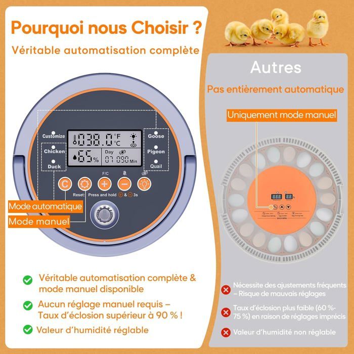 Couveuse Automatique 12 Œufs BibiBirds – Humidité Contrôlée, Retournement Auto, Compteur Journalier, Pour Poules, Cailles Et Poussins