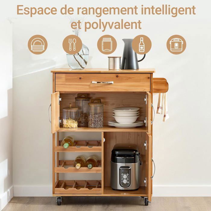SoBuy Desserte de Cuisine à roulettes en Bois d'Hévéa – Chariot de Rangement avec 2 Tiroirs et 2 Étagères – Meuble Cuisine Compact 80x40x90 cm FKW24-II-N