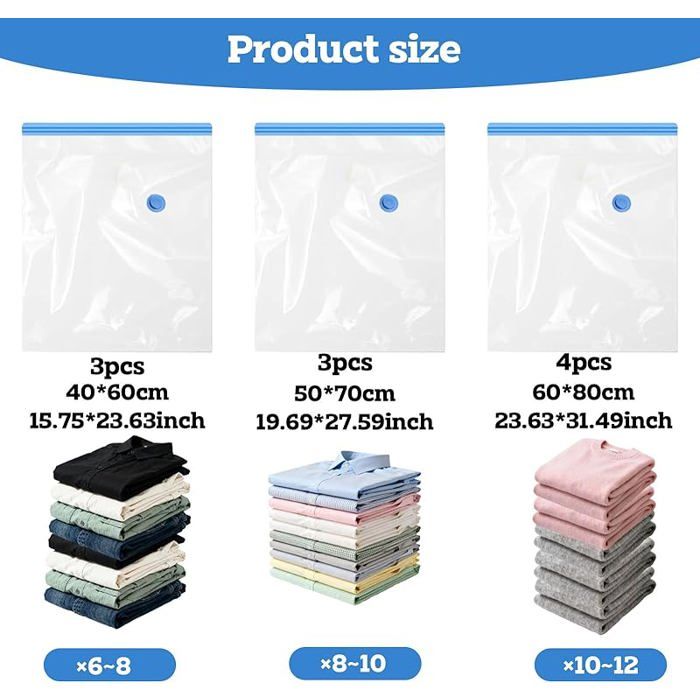 Lot De 10 Sacs Sous Vide Pour Vêtements - Réutilisables Sans Aspirateur (50x70, 40x60, 40x50, 39x32cm)