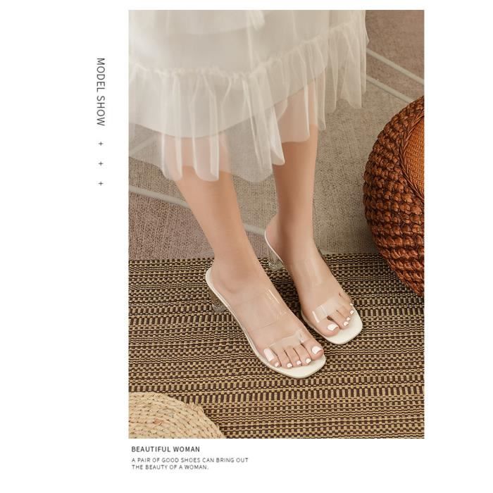 Sandales Femme Talon Bloc Haut 7cm Enfiler Mode Sexy Elegant Confortable Blanc INSFITY
