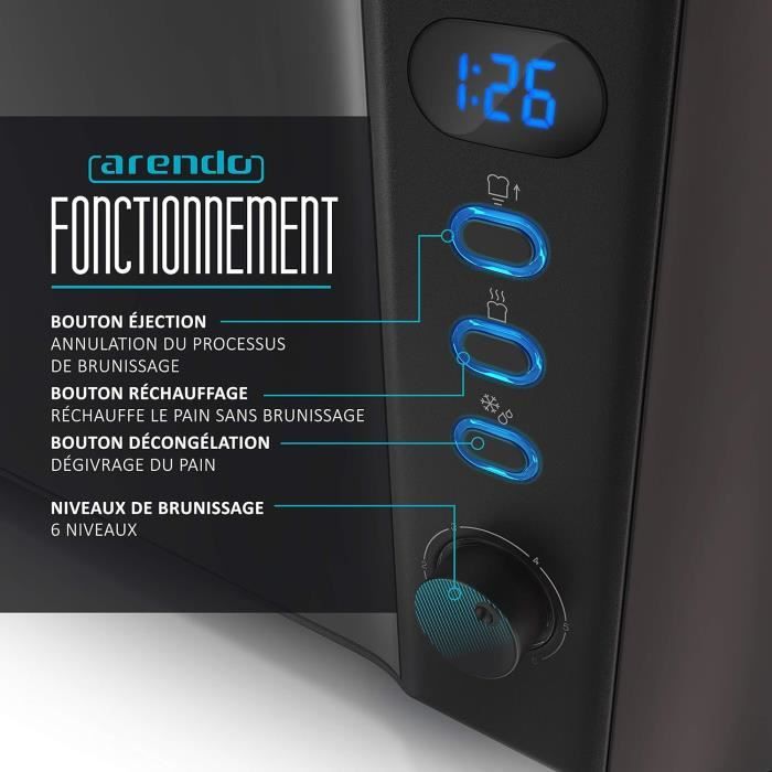 Arendo Grille-Pain Large Fentes Frukost - 1000W, Écran Digital, 6 Niveaux, Décongélation, Réchauffage - Toaster Blanc Mat Design Élégant