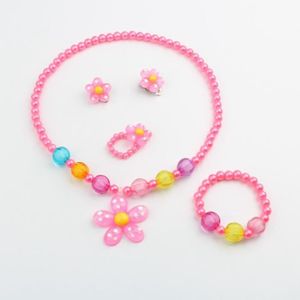 4Pcs Enfants Collier Filles Princesse Fleur perles Bracelet Ring Party Gift Lu