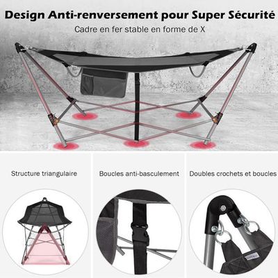 Chaise Hamac Avec Support Autoportant GOPLUS - Hauteur Réglable 6 Positions, Poche Latérale - Pour Intérieur/Extérieur (Jardin, Balcon) - Charge Max 120 Kg