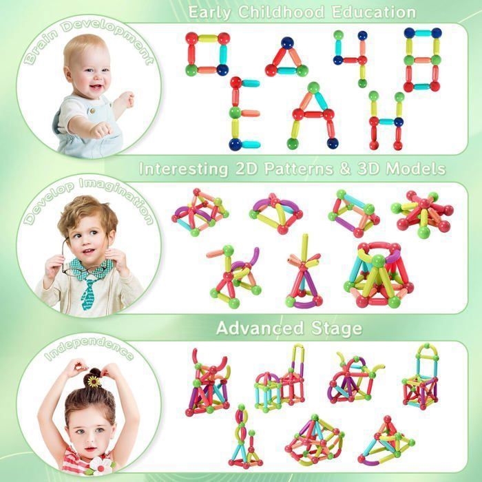 ROUSKY Jeu de barres magnétiques, blocs de construction aimantés, briques de construction, jouets empilés Stem pour enfants de 3 ans + (Coloré-128 pièces