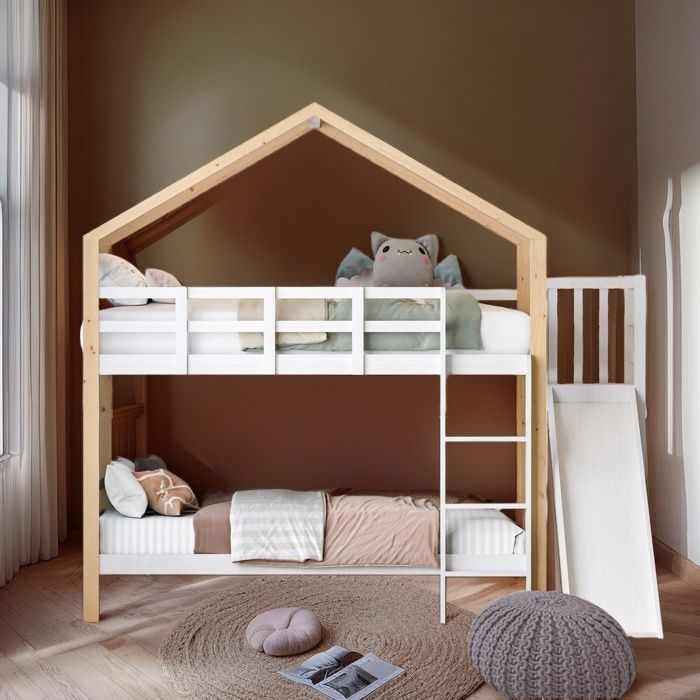Lit Cabane Enfant Superposé 90x200cm - Mezzanine Avec Escalier 4 Tiroirs | Lit Escamotable | Blanc Et Naturel | 100kg Charge Max