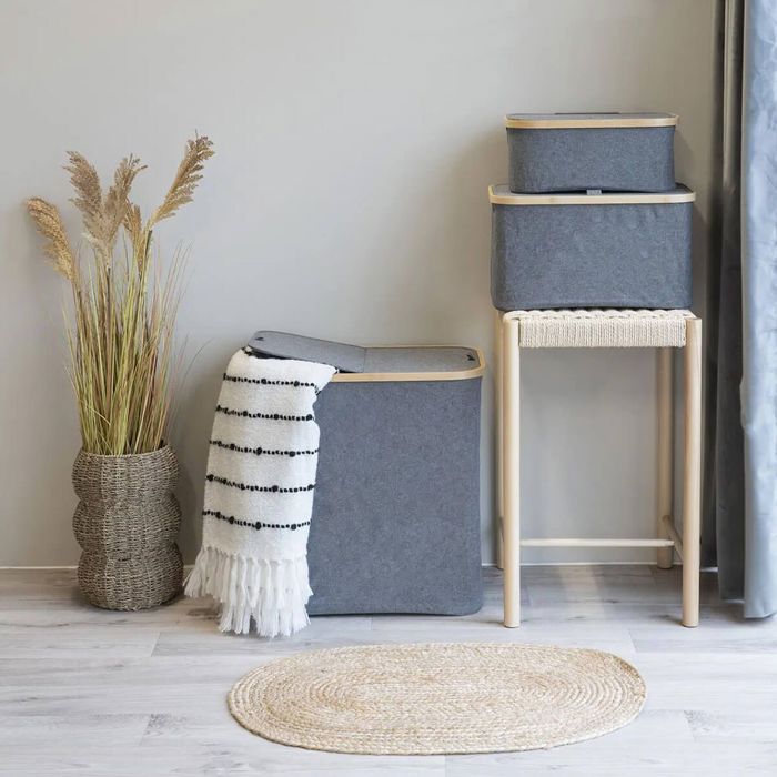 ANDREW - Bac de Rangement en Tissu Gris et Bambou avec Couvercle Petit ...