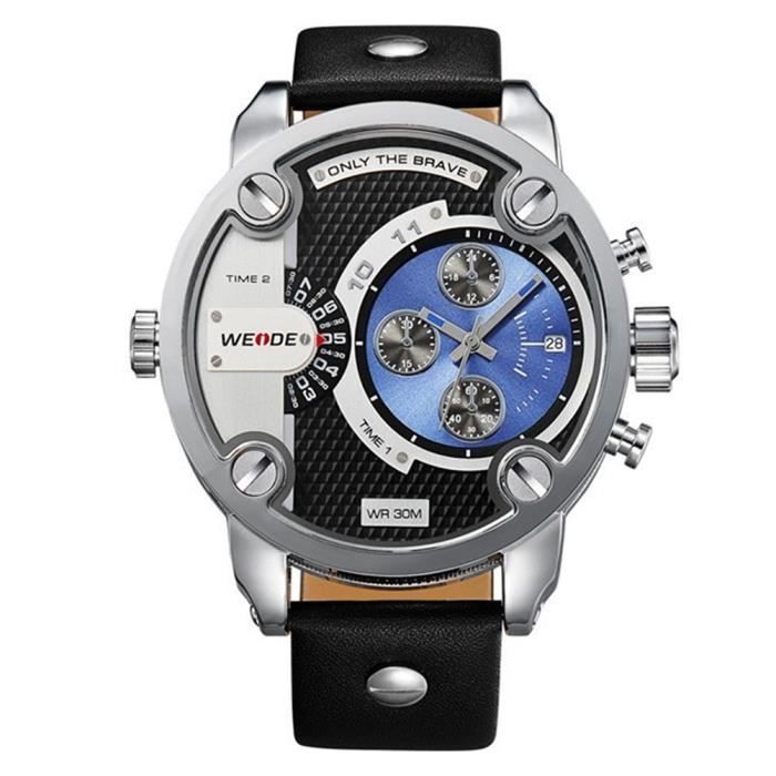WEIDE 3301 Montre a quartz etanche grand cadran rond Hommes Garcons Temps double avec PU bande Bleu Achat vente montre Homme Adulte Simili Cdiscount