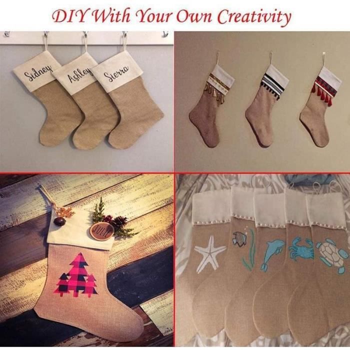 Lot De 6 Grandes Chaussettes De Noël En Toile De Jute - Déco Rustique Cheminée, 28x55 Cm, Boucle Incluse