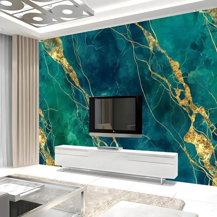 Papier Peint Photo Mural Marbre Bleu Panoramique 400 X 280 Cm – Intissé Décoration Salon Chambre Moderne