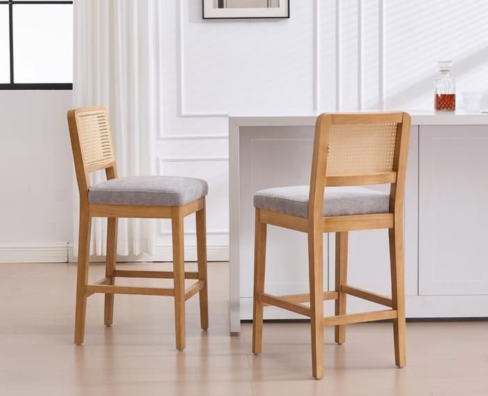 Tabourets De Bar Avec Dossier Rotin - Lot De 2 Chaises Hautes, Pieds Bois Massif, Tissu Chenille, Gris