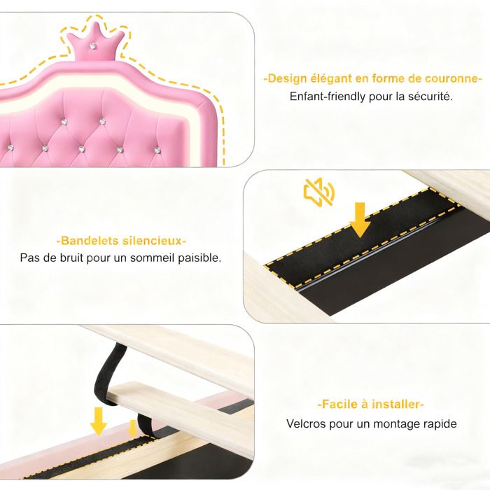 Azkoeesy Lit pour enfant 90 x 200 cm avec tête de lit réglable en forme de couronne, lit simple, lit d'adolescent, en velours, rose Azkoeesy Lit pour enfant 90 x 200 cm avec tête de lit réglable en forme de couronne, lit simple, lit d'adolescent, en velours, rose