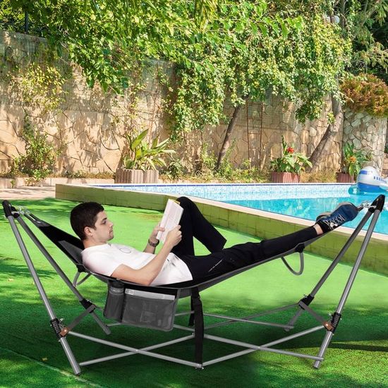 Chaise Hamac Avec Support GOPLUS - Hauteur Réglable 6 Positions, Poche Latérale, Charge 120 Kg - Pour Intérieur/Extérieur