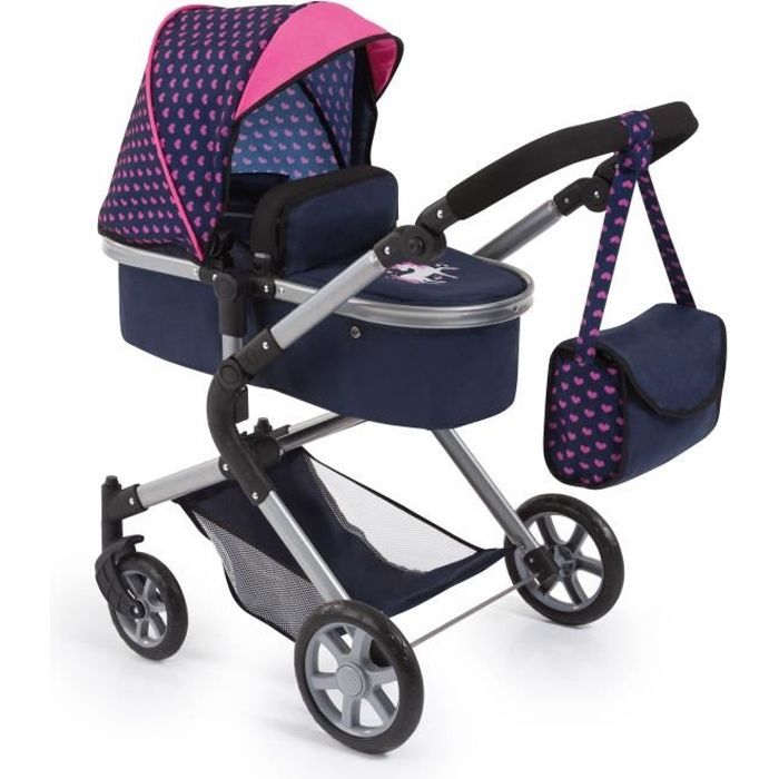 BAYER Landau pour poupée Neo Star licorne bleu et rose avec sac à bandoulière et panier d'achat intégré - convertible poussette