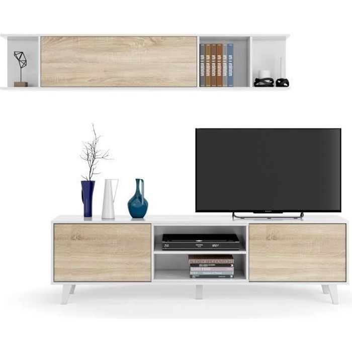 ZAIKEN PLUS Meuble TV scandinave blanc brillant et décor chêne - L 180 cm