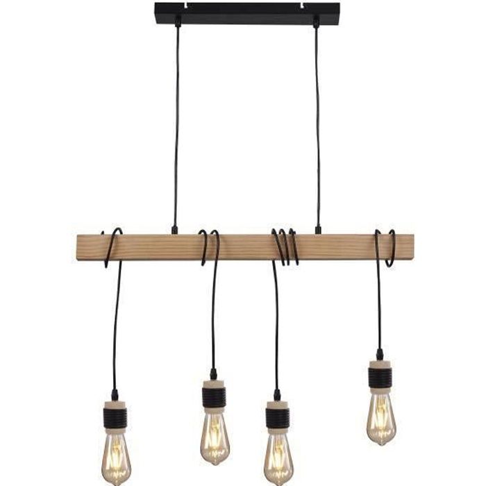 DETROIT Suspension industrielle en bois - 4 têtes - 7 x 70 x H150 - Noir - Ampoules décoratives E27 40W fournies